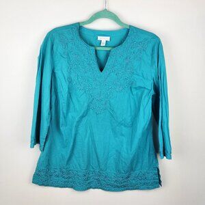 Charter Club Teal Blue Cotton Embroidered 3/4 Sleeve Blouse Top sz M